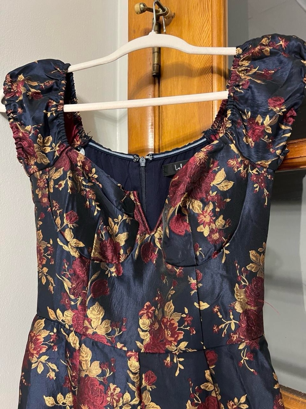 Lulu's Navy Floral Jumpsuit with Burgundy and Gold Accents